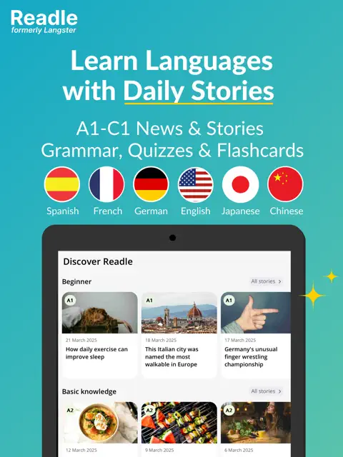 Readle App Store screenshot showing daily stories, supported languages and app preview