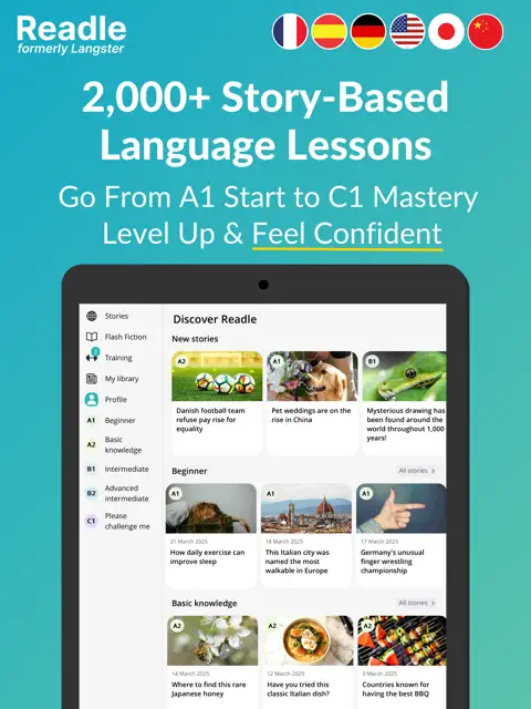 Readle App Store screenshot showing 2,000 story-based language lessons