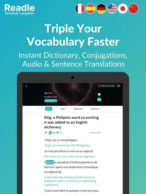 Readle App Store screenshot showing instant dictionary, conjugations, audio and sentence translations