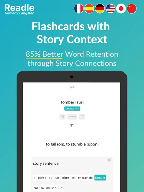 Readle App Store screenshot showing flashcards with story context