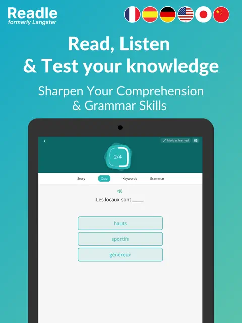 Readle App Store screenshot showing reading, listening and knowledge quizzes