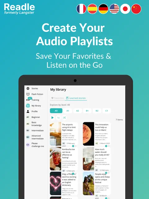 Readle App Store screenshot showing audio playlists and saved favorites